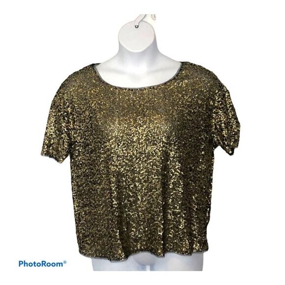 Silence + Noise Gold Sequin & Mesh Short Sleeve Party Blouse Size Small - Picture 2 of 16